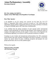 APA Secretary General’s Reply to the Letter of Parliament Speaker of the Republic of Azerbaijan